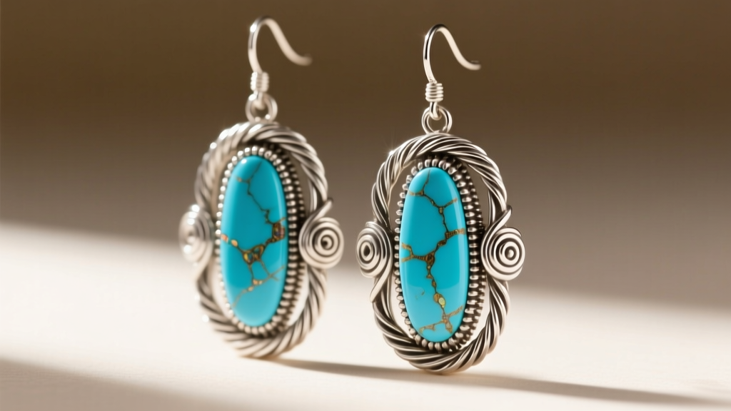 Close-up of Zuni needlepoint earrings featuring long sky-blue turquoise stones set in detailed sterling silver twisted wire bezels