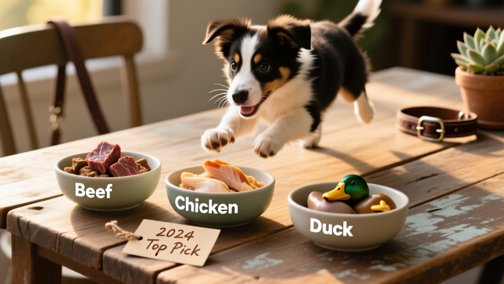 Three bowls of FurPetVo Freeze-Dried Raw Bites in different proteins—beef, chicken, and duck—arranged on a rustic wooden table