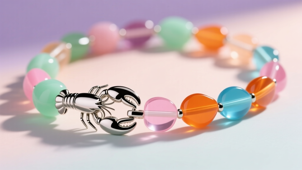 Close-up of a stainless steel lobster clasp securing a colorful resin candy necklace against a softly blurred pastel background.