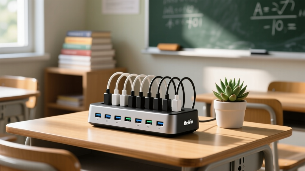 A neatly organized Belkin 10-device charging station sitting on a teacher