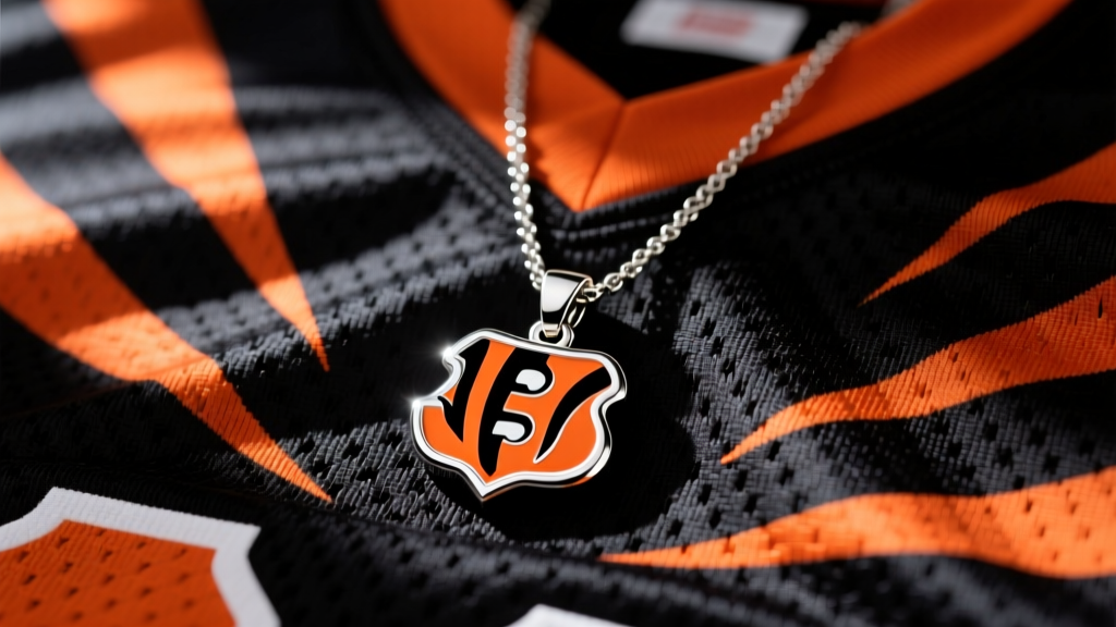 Close-up of a stainless steel Bengals logo pendant necklace resting on black and orange striped game-day jersey fabric background