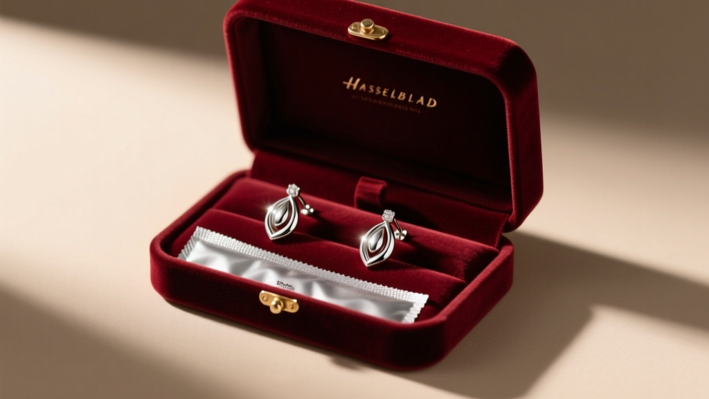 Open velvet jewelry box containing polished silver earrings and an anti-tarnish strip, illuminated by warm directional lighting
