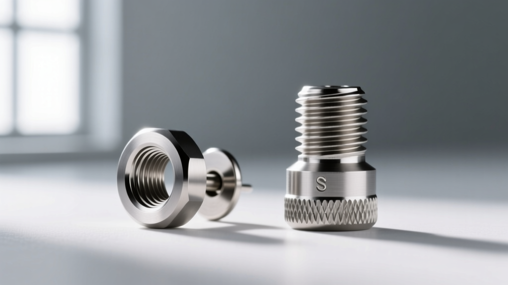 Side-by-side macro comparison of an internally threaded titanium earring post and an externally threaded surgical steel post