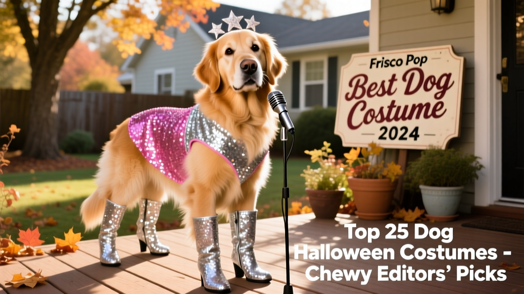 A golden retriever wearing the Frisco Pop Star costume, complete with sparkly dress, boots, and a microphone