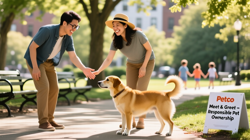 Two people smiling as they meet a gentle, medium-sized dog at a park during a supervised meet-and-greet