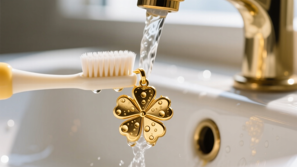 A soft-bristled baby toothbrush gently scrubbing the crevices of a tiny gold clover pendant under warm running water in a ceramic sink