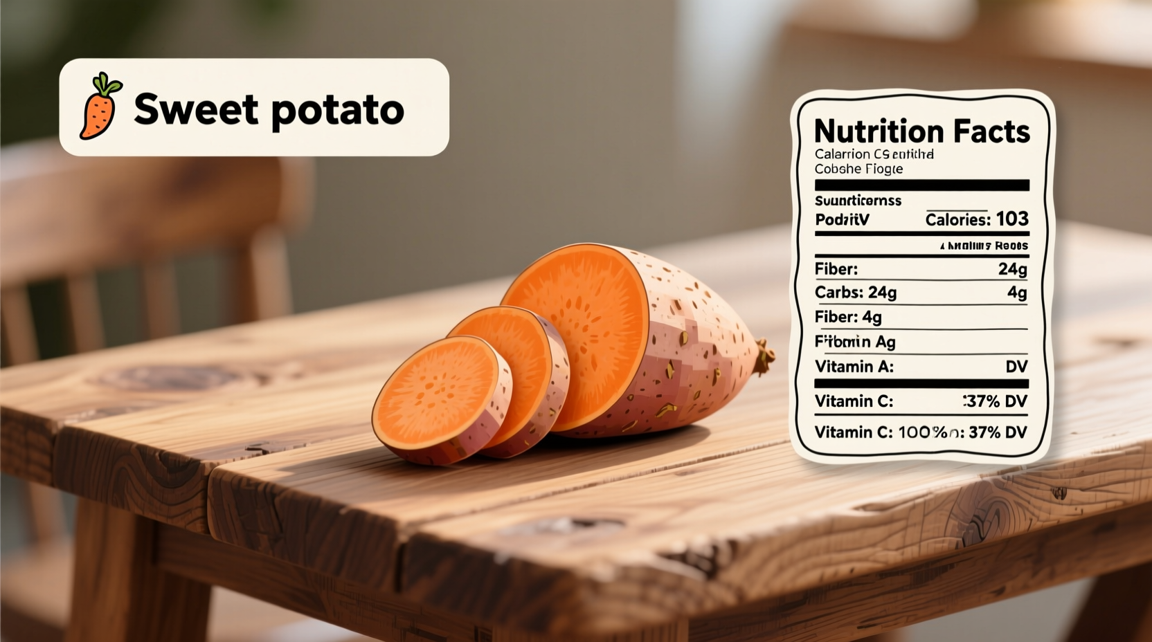 Nutrition facts of sweet potato on wooden table