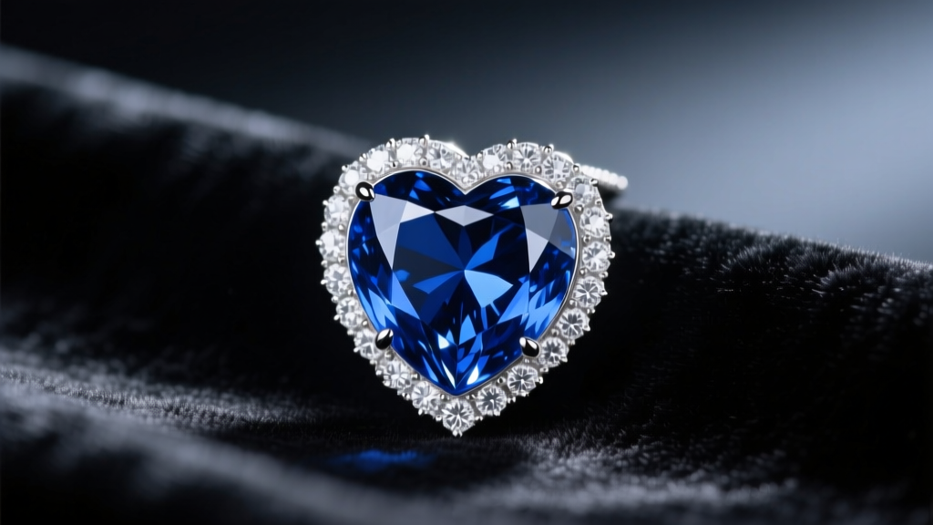 Macro shot of a heart-shaped blue sapphire pendant with diamond halo resting on dark velvet under dramatic studio lighting.