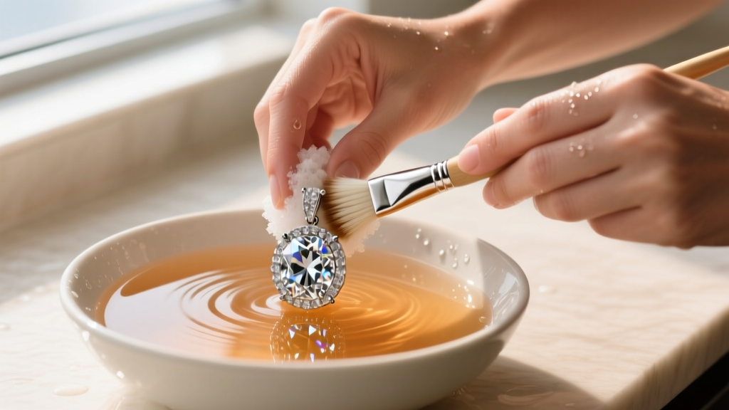 Hands scrubbing a diamond sports pendant with a soft brush in a bowl of warm soapy water, lit by bright natural window lights.