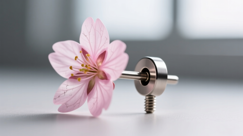 Extreme close-up of a 20-gauge titanium earring post with a laser-welded sakura flower head, showing the matte blasted finish