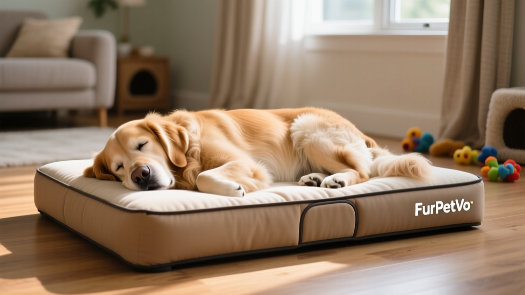 Senior golden retriever sleeping soundly on a FurPetVo orthopedic bed with visible support under hips and shoulders