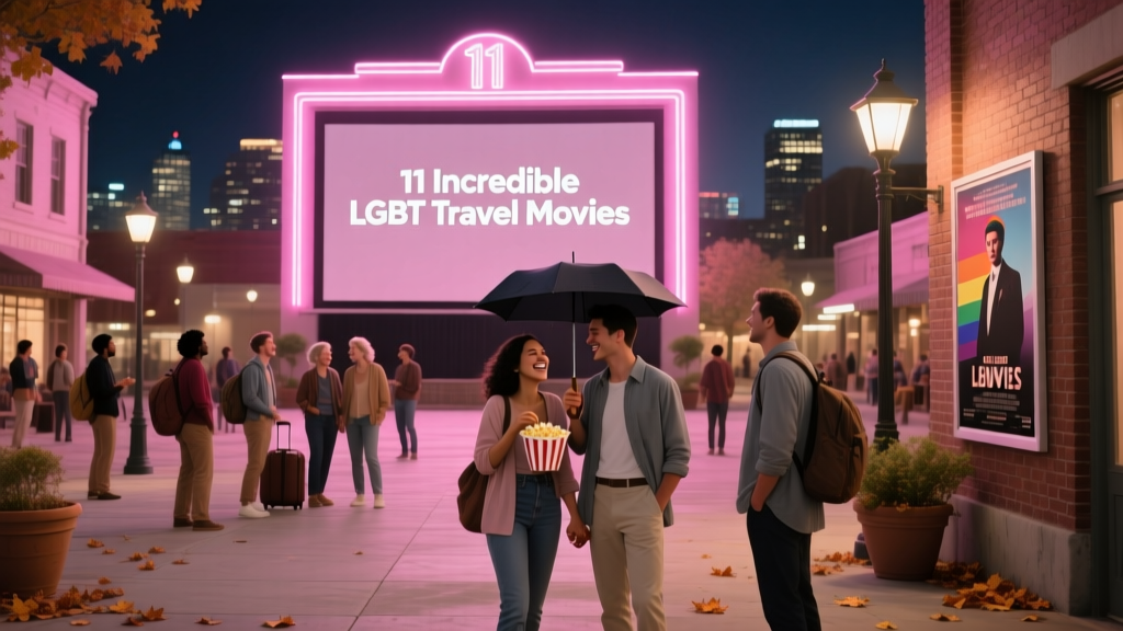 A cinema lit up at night with pink neon light