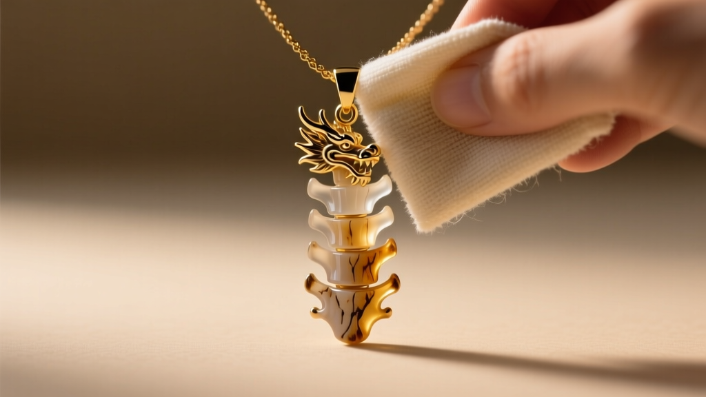 Microfiber cloth gently wiping the central vertebrae pendant of a resin dragonbone necklace replica under warm desk lighting