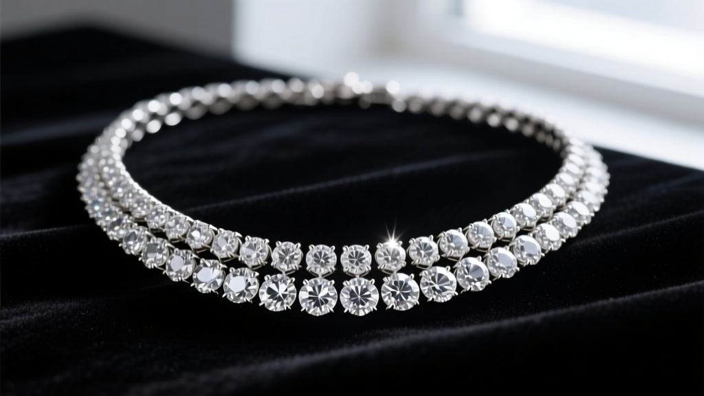 Close-up of a graduated diamond riviere necklace on black velvet, showing round brilliant stones in platinum prong settings.