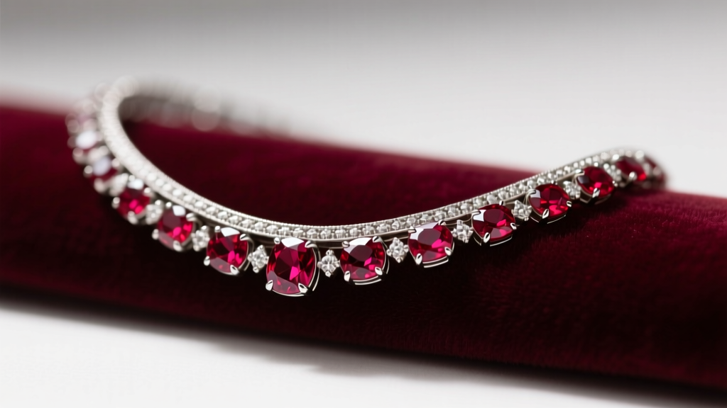 Macro shot of an antique ruby and diamond necklace on velvet, highlighting millegrain platinum settings and vivid red gems