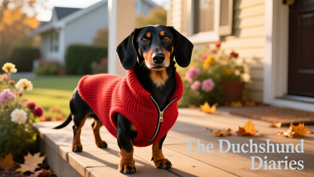 balck-and-tan Dachshund wearing red jacket