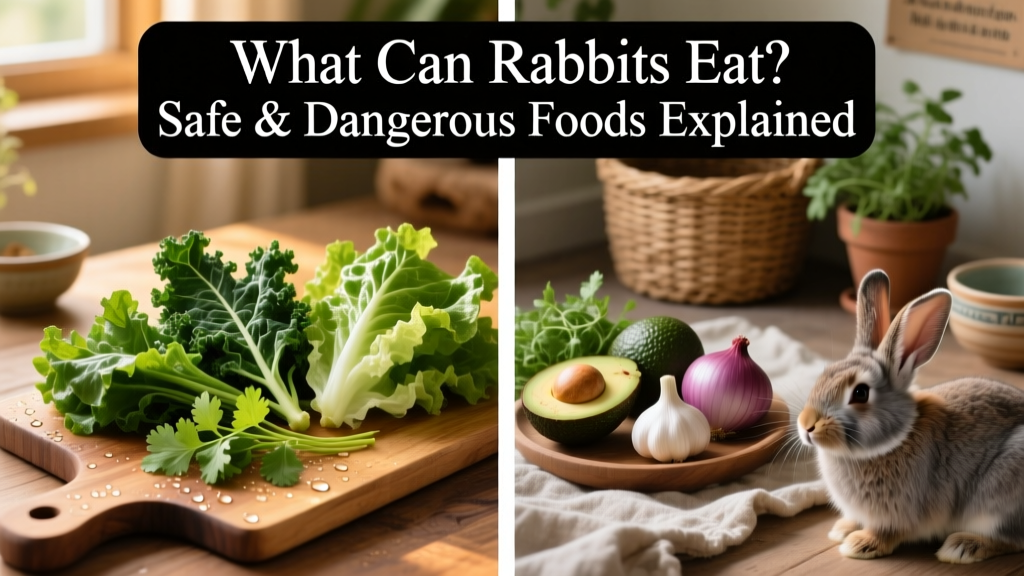 Side-by-side comparison: safe leafy greens versus unsafe foods like avocado and onion