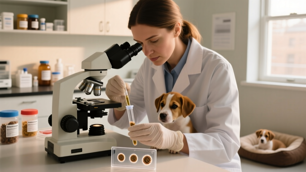 Veterinarian performing fecal flotation test in a clinic lab, using a centrifuge and microscope