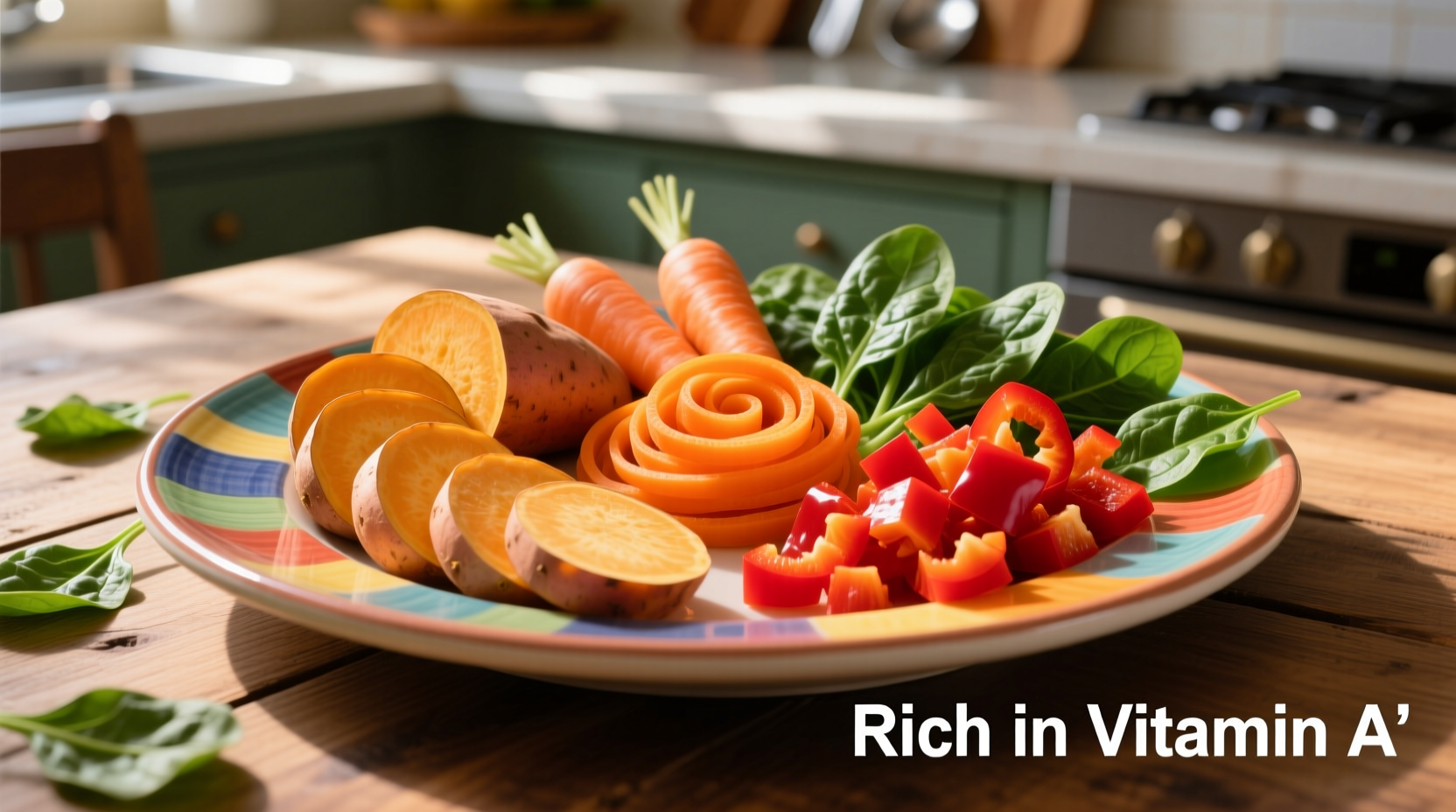Colorful plate of vitamin A rich foods including sweet potatoes and carrots