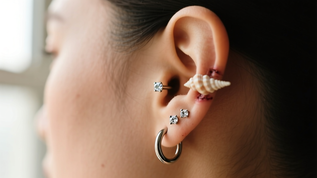 Side profile of healed conch piercing wearing budget titanium clicker hoop with tiny cubic zirconia stones catching the light