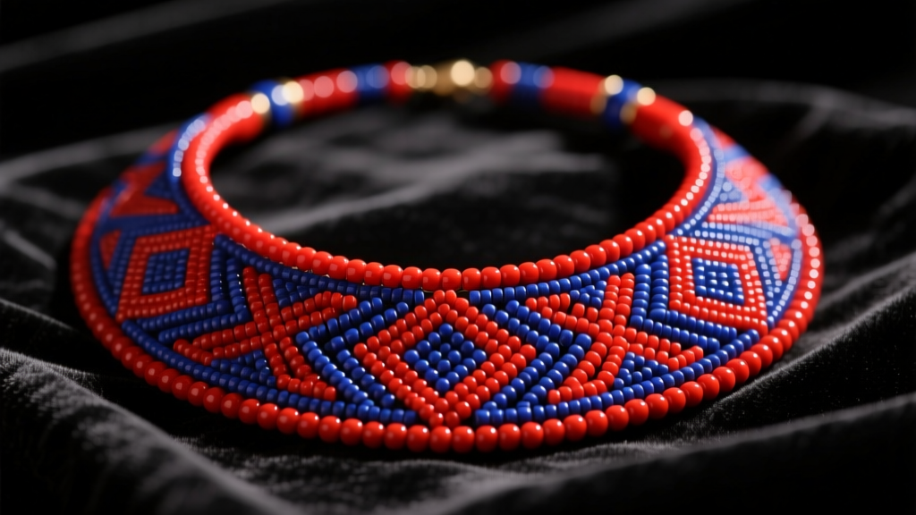 Close-up of a Yoruba beaded necklace with red coral and blue glass ileke beads on dark velvet under warm studio lighting.