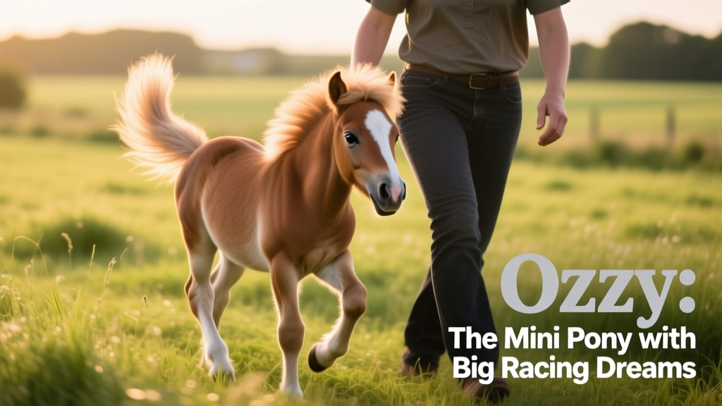 Ozzy trotting confidently alongside his owner, tail held high, sunlit pasture in the background