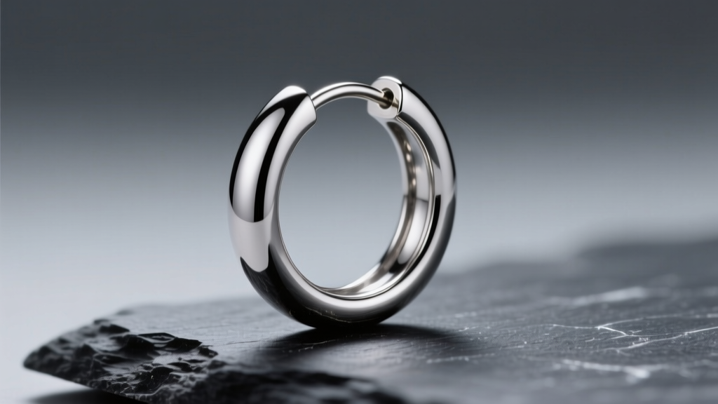 Macro shot of a polished 16-gauge titanium 6mm hoop earring on dark slate, illuminated by soft directional studio lighting