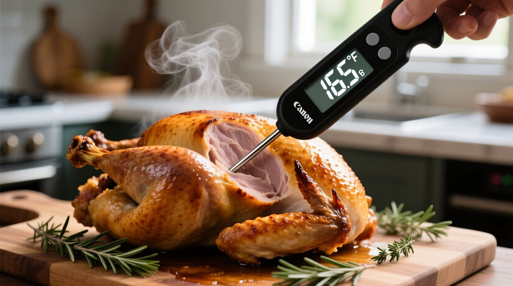 Digital food thermometer showing 165 degrees in turkey