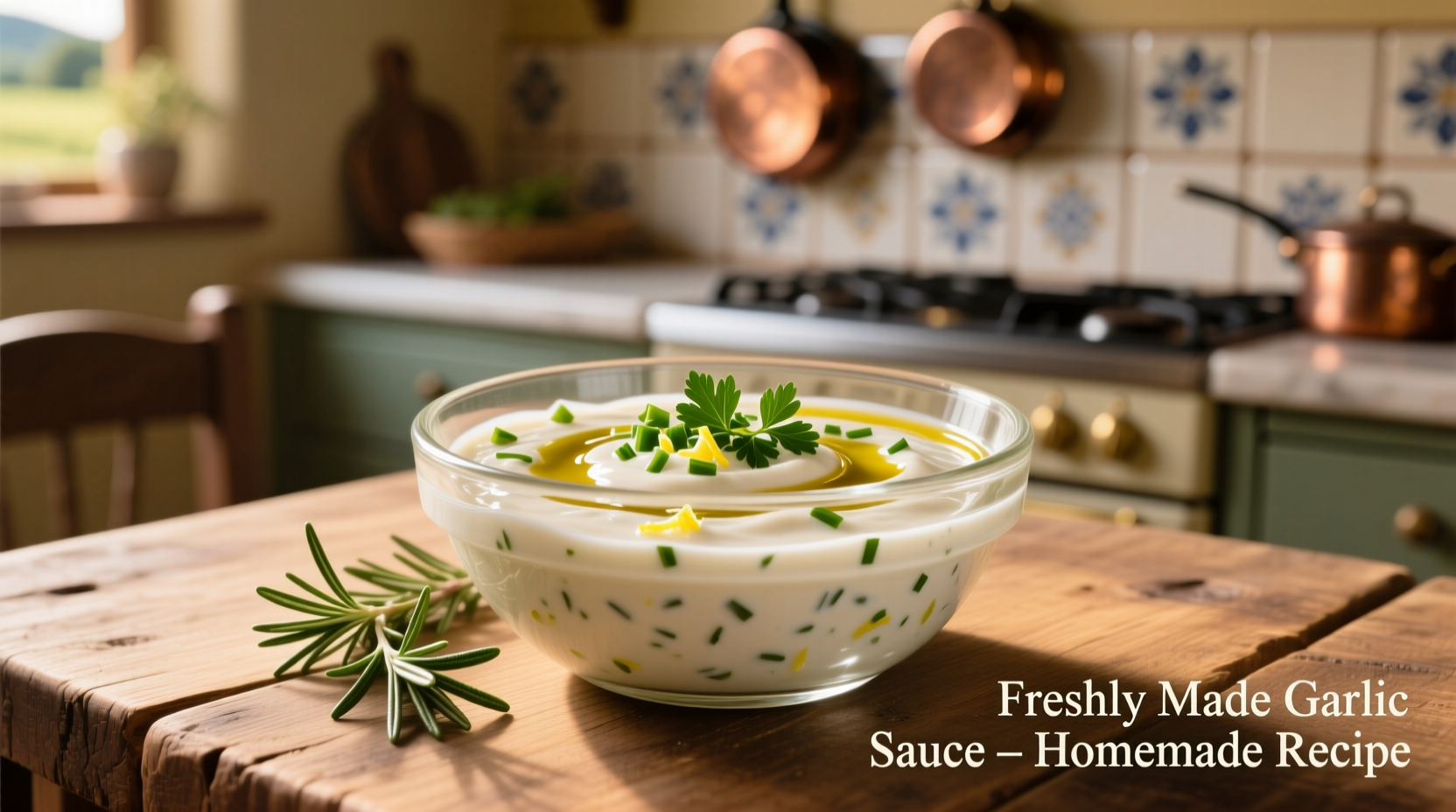 Homemade white garlic sauce in glass bowl with herbs