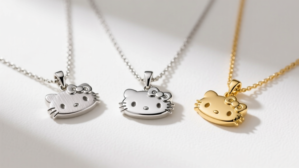 Flat lay of three My Melody necklaces in zinc alloy, sterling silver, and gold vermeil, showing clasp and metal stamping details.