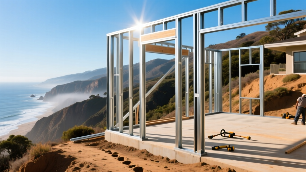 Light gauge steel framing studs installed on a hillside residential foundation in Southern California overlooking a coastal canyon