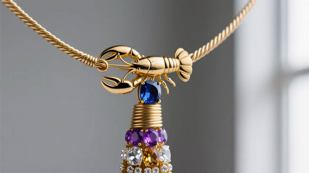 Extreme close-up of a gold-filled lobster clasp and crimped SoftFlex wire securing a heavy gemstone beaded tassel necklace strand