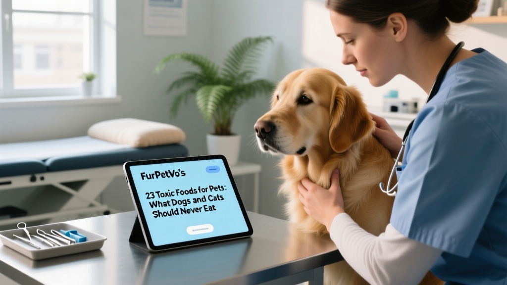Veterinarian examining a dog in clinic setting, with digital tablet showing FurPetVo's toxic food reference guide open on screen