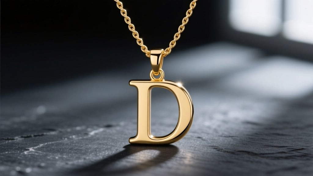 Close-up of a 14k yellow gold D letter necklace on dark slate, highlighting the polished serif pendant and delicate 1.2mm cable chain