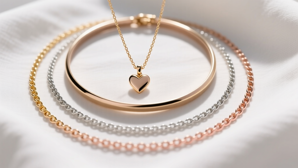 Top-down view of layered necklaces with a petite heart pendant at 16 inches, a 14-inch choker, and an 18-inch rolo chain on linen.