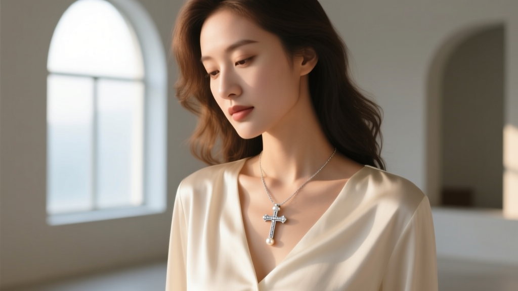Woman wearing a delicate silver cross and pearl pendant over a cream silk blouse, softly illuminated by natural window light.
