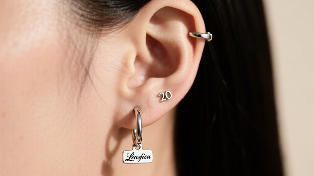 Ear profile showcasing a 20-gauge sterling silver huggie hoop with a tiny lyric charm, highlighting the secure latch-back closure.