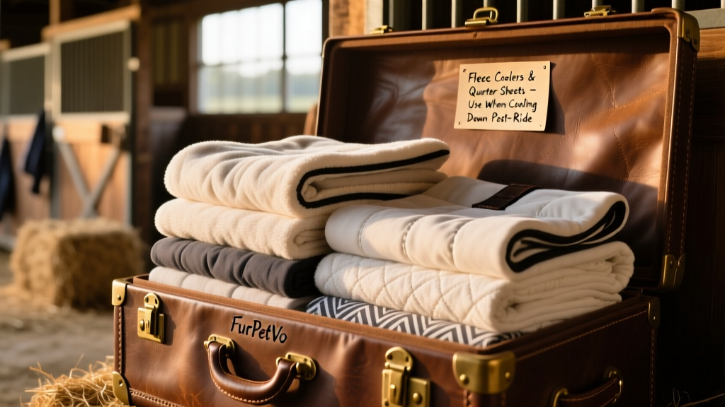 Stack of clean, folded fleece coolers and quarter sheets stored neatly in a FurPetVo tack trunk
