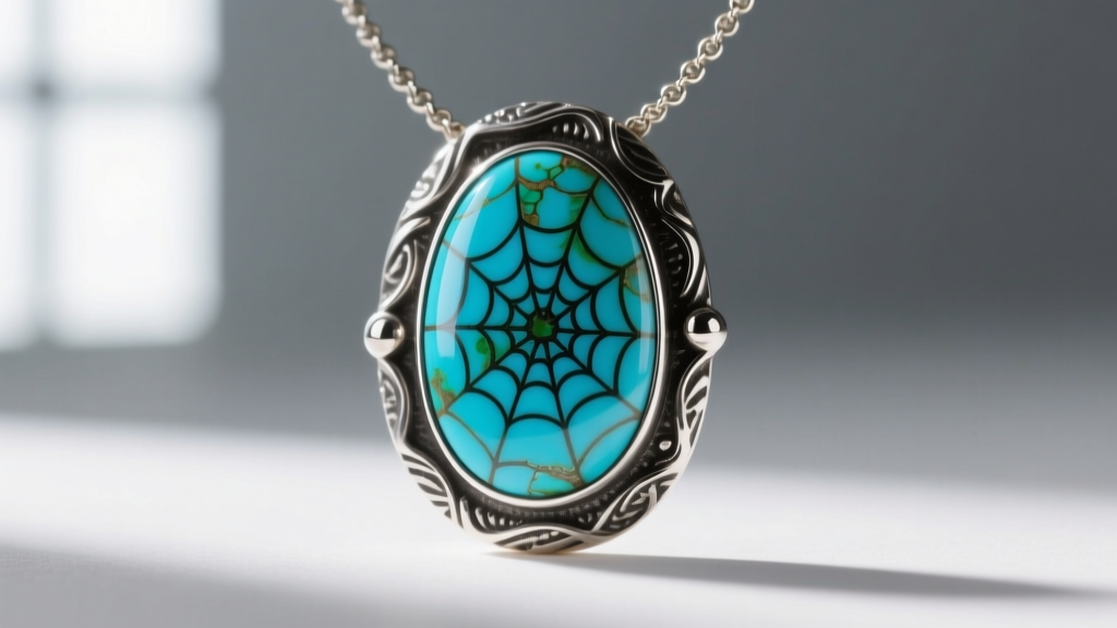 Close-up of a Jay King turquoise necklace displaying a polished Kingman spiderweb matrix cabochon in an oxidized silver bezel.