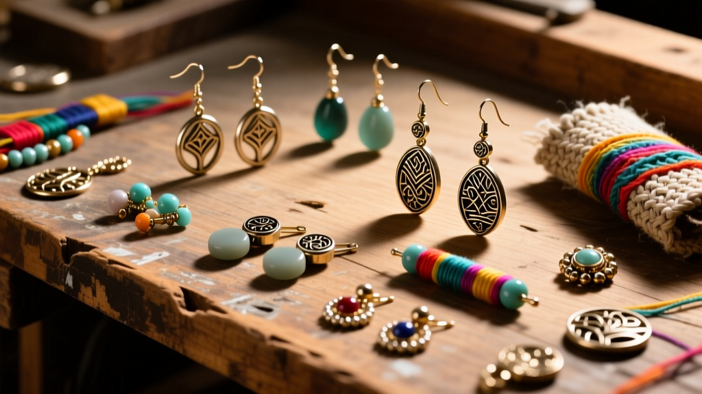 Assorted craft store fashion earrings and DIY findings on a wooden workbench under warm, focused overhead studio lighting.