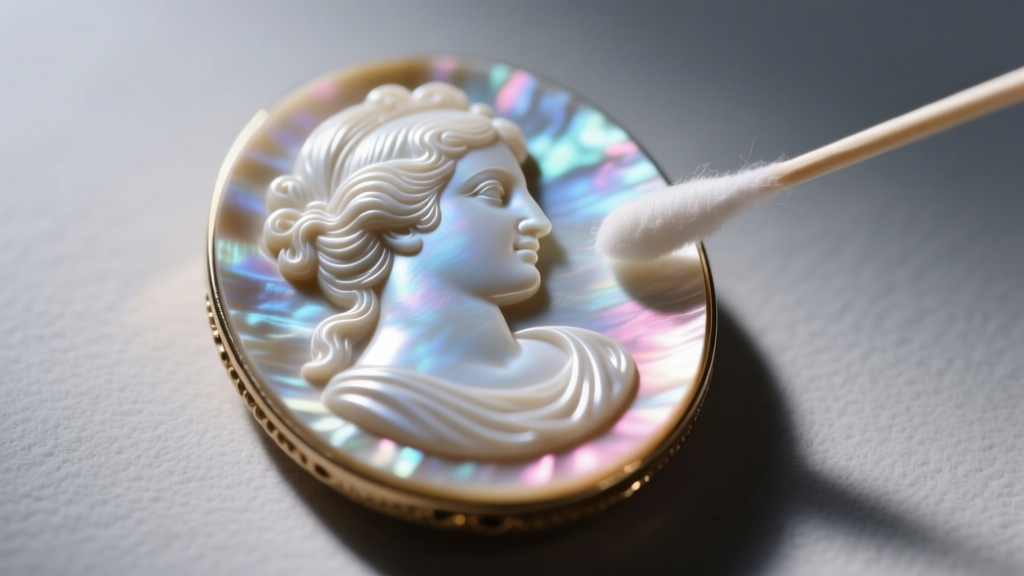 Cotton swab gently cleaning carved nacre surface of antique mother of pearl jewelry cameo under bright macro lens lighting setup