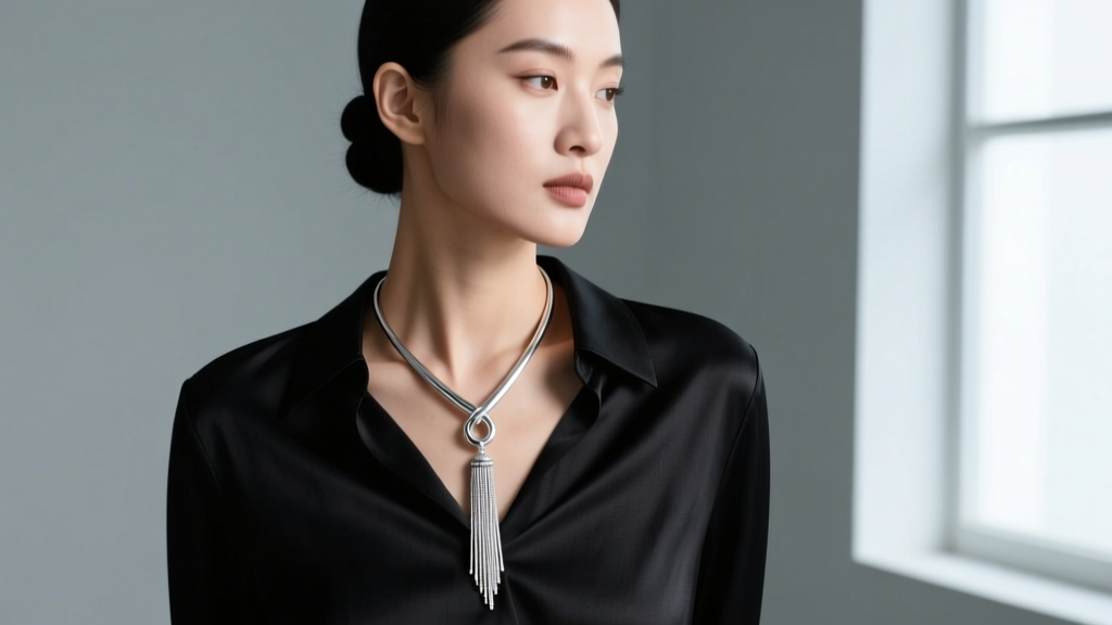 Model wearing a silver lariat Y-necklace without clasp, featuring a long tassel drop against a black silk blouse, studio lighting