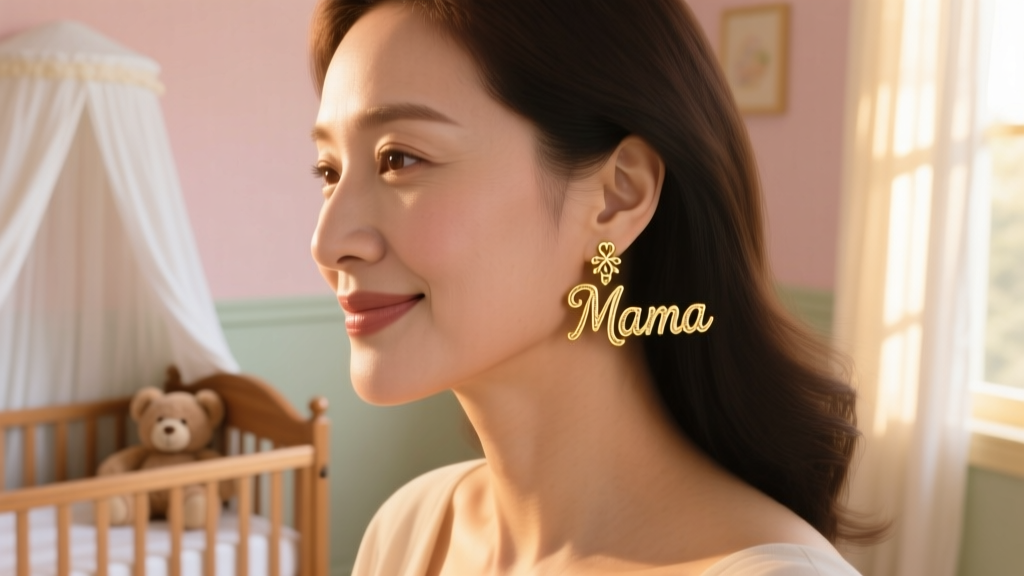 Close-up of a mother wearing delicate 14k solid gold Mama initial script earrings, softly lit nursery background, warm mood