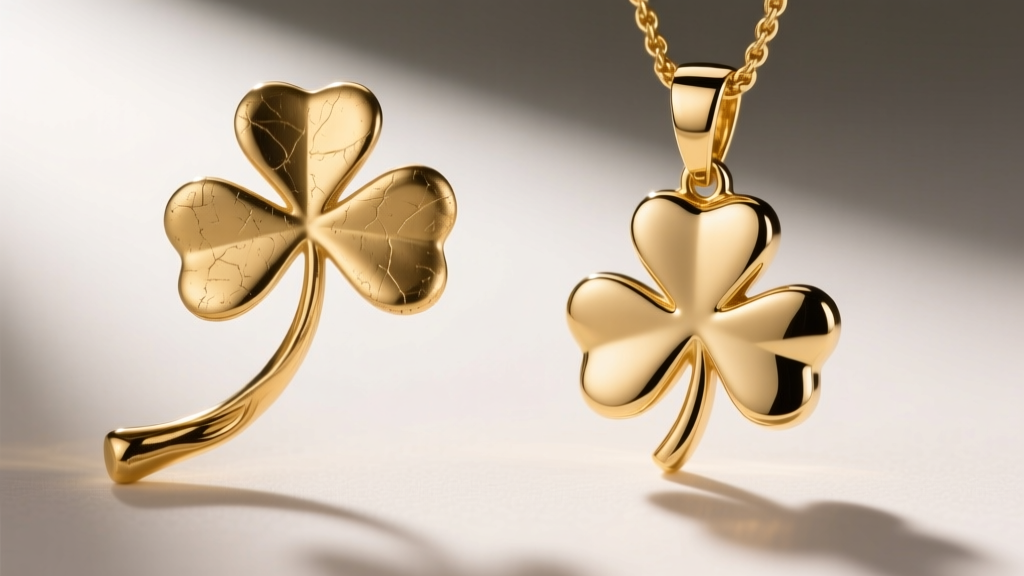 Close-up of a bent 18k gold shamrock stem next to a pristine, structurally sound 14k gold shamrock pendant on a jeweler's mat