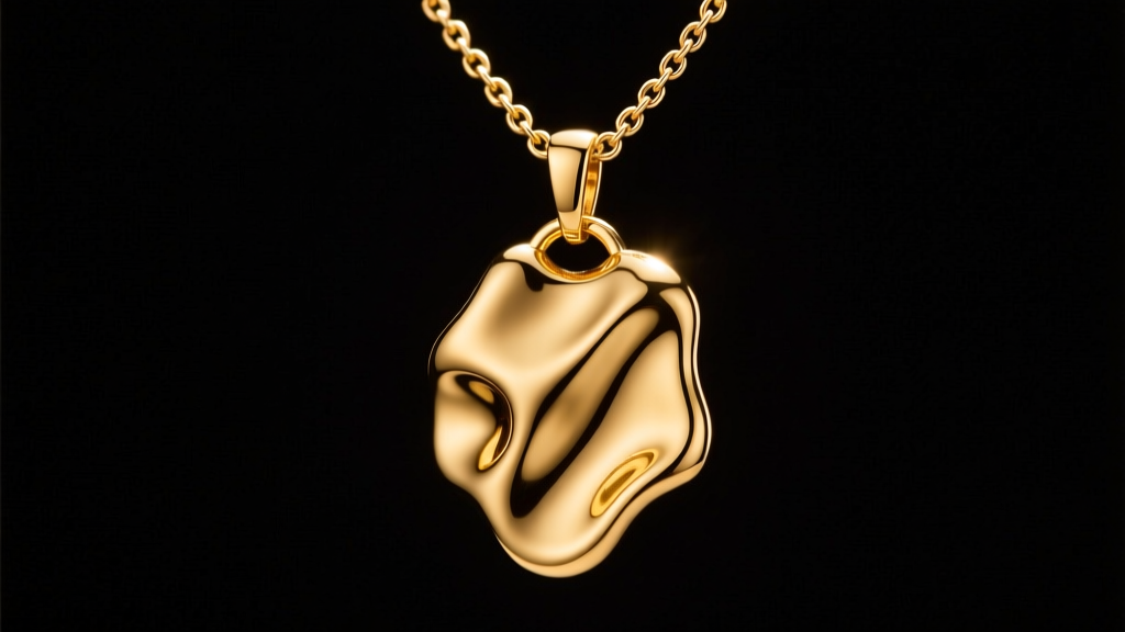 Close-up of gold necklace designs featuring a molten 18k pendant and 14k paperclip chain under warm, directional studio lighting.