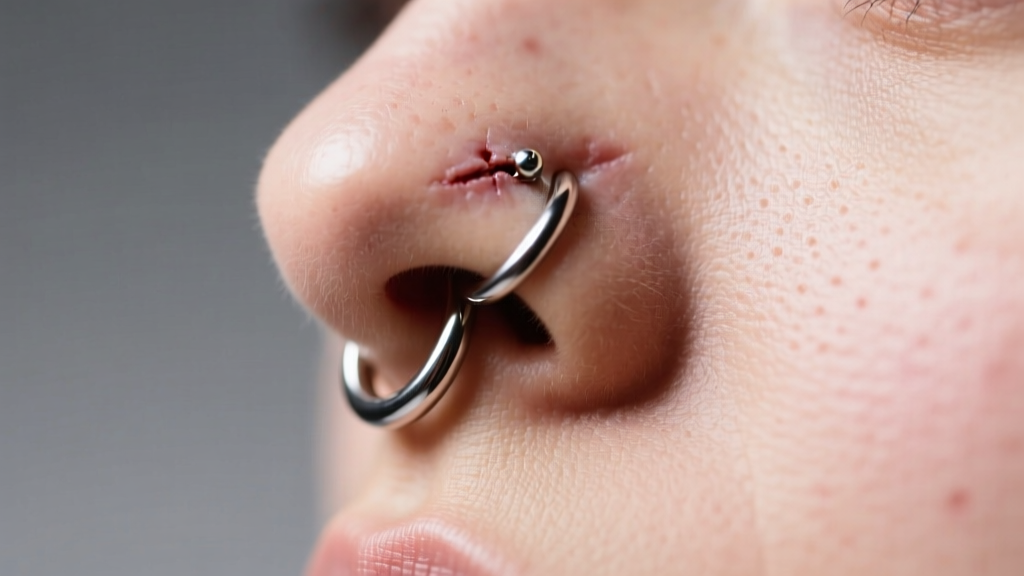 Close-up of a healed septum piercing wearing a 16-gauge titanium clicker ring, soft studio lighting highlighting the metal
