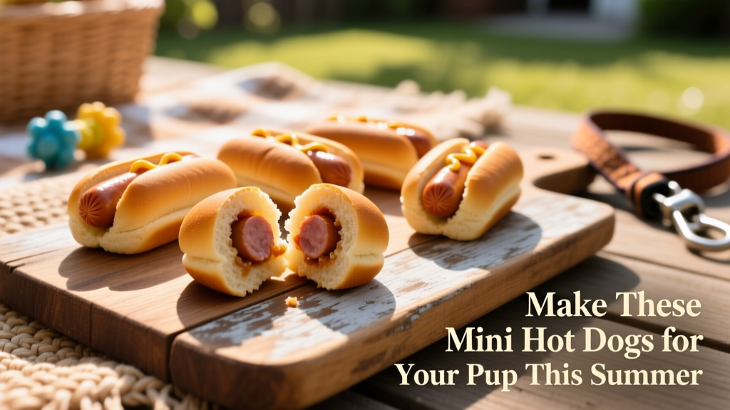 A close-up of freshly baked mini hot dog treats arranged on a rustic wooden board, with one treat split open to show the 'hot dog' inside