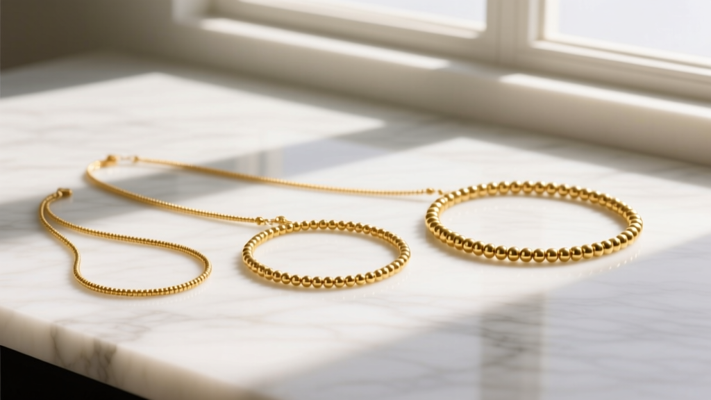 Flat lay of various gold beaded necklaces on marble, showcasing 2mm, 4mm, and 6mm bead sizes under soft natural window lighting.