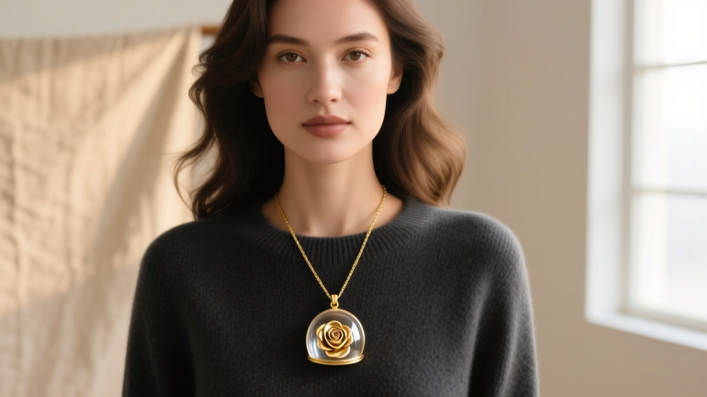 Woman wearing a gold vermeil enchanted rose pendant over a dark sweater, the glass dome catching soft light.