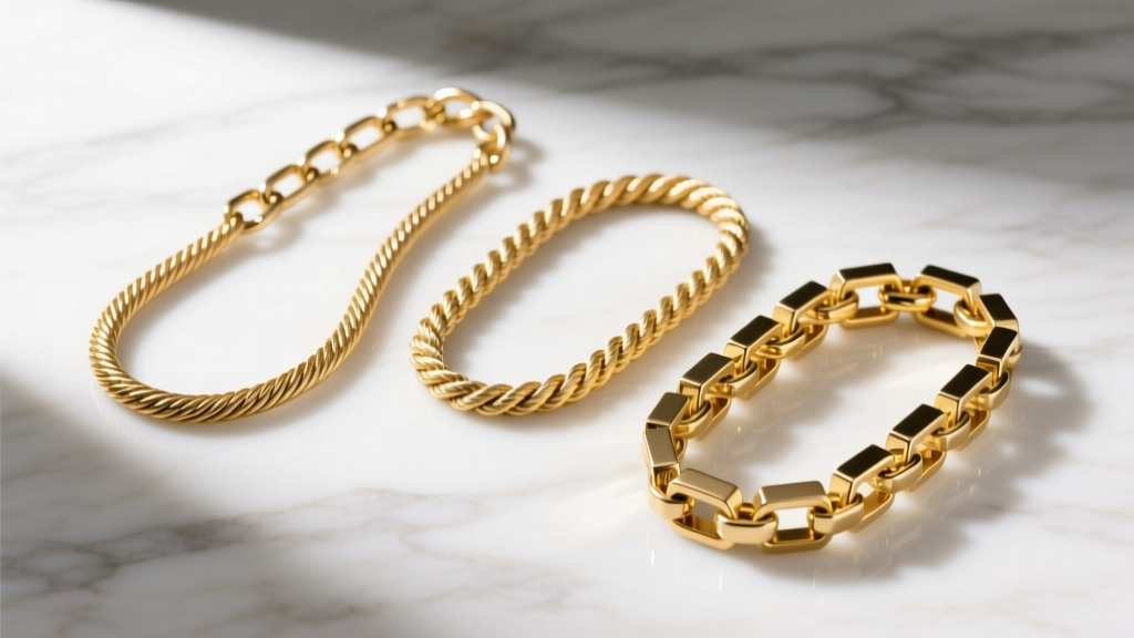 Overhead shot of three gold chains on marble: a cable chain, a rope chain, and a box chain under bright, diffused studio light